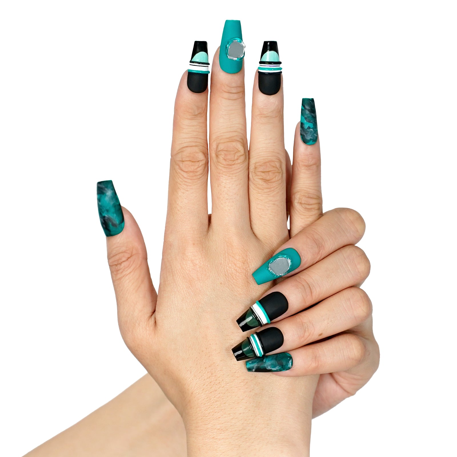 Siva Nail, Tidal Whispers, Luxurious Marbled Emerald Green Handmade Press on Nails