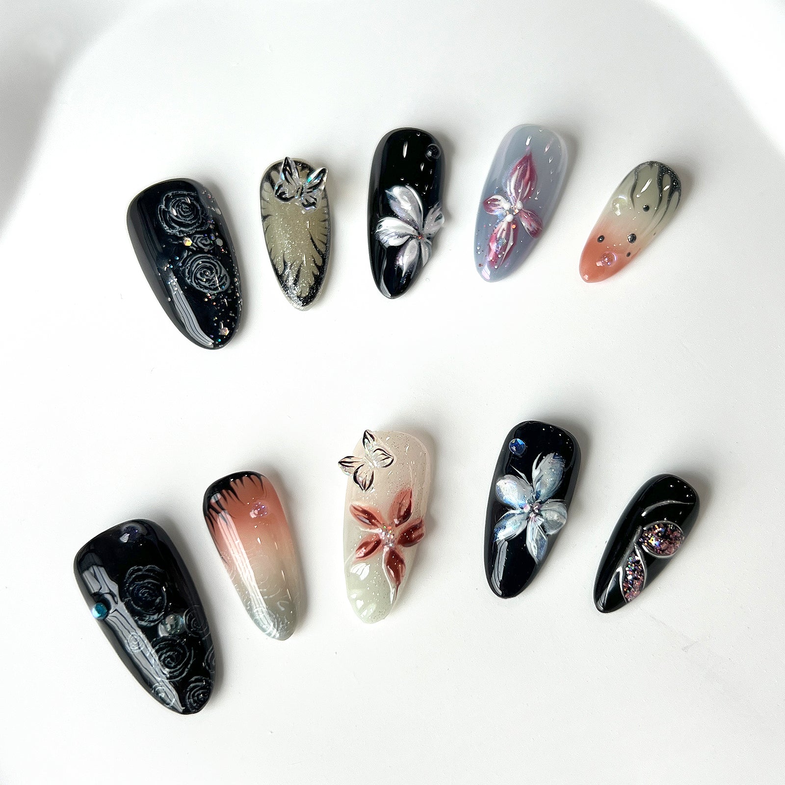 Siva Nail, Twilight Blossom, Artistic Floral Acrylic Press on Nails