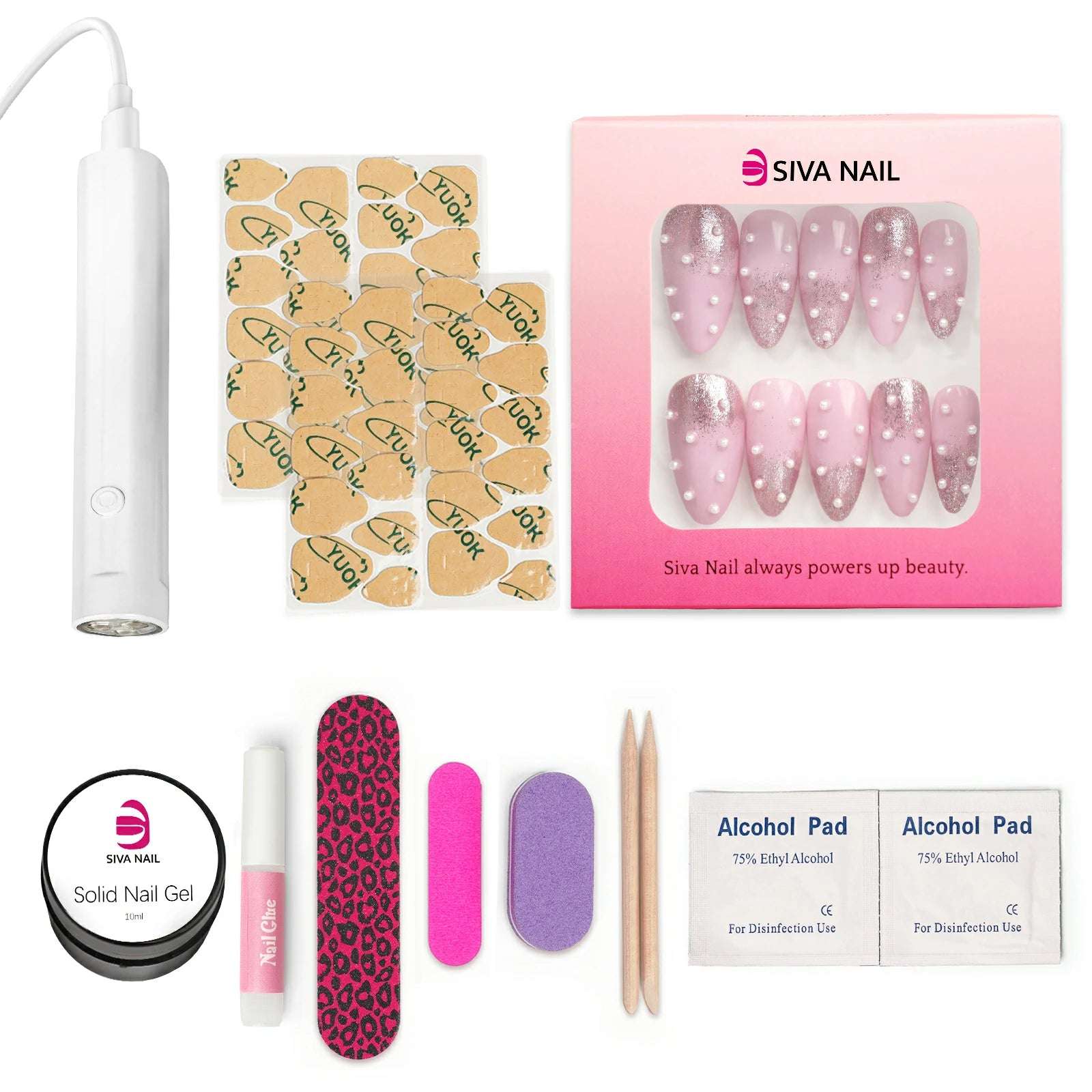 Siva Nail, Lune, Pink Ombré Press on Nails with Pearls