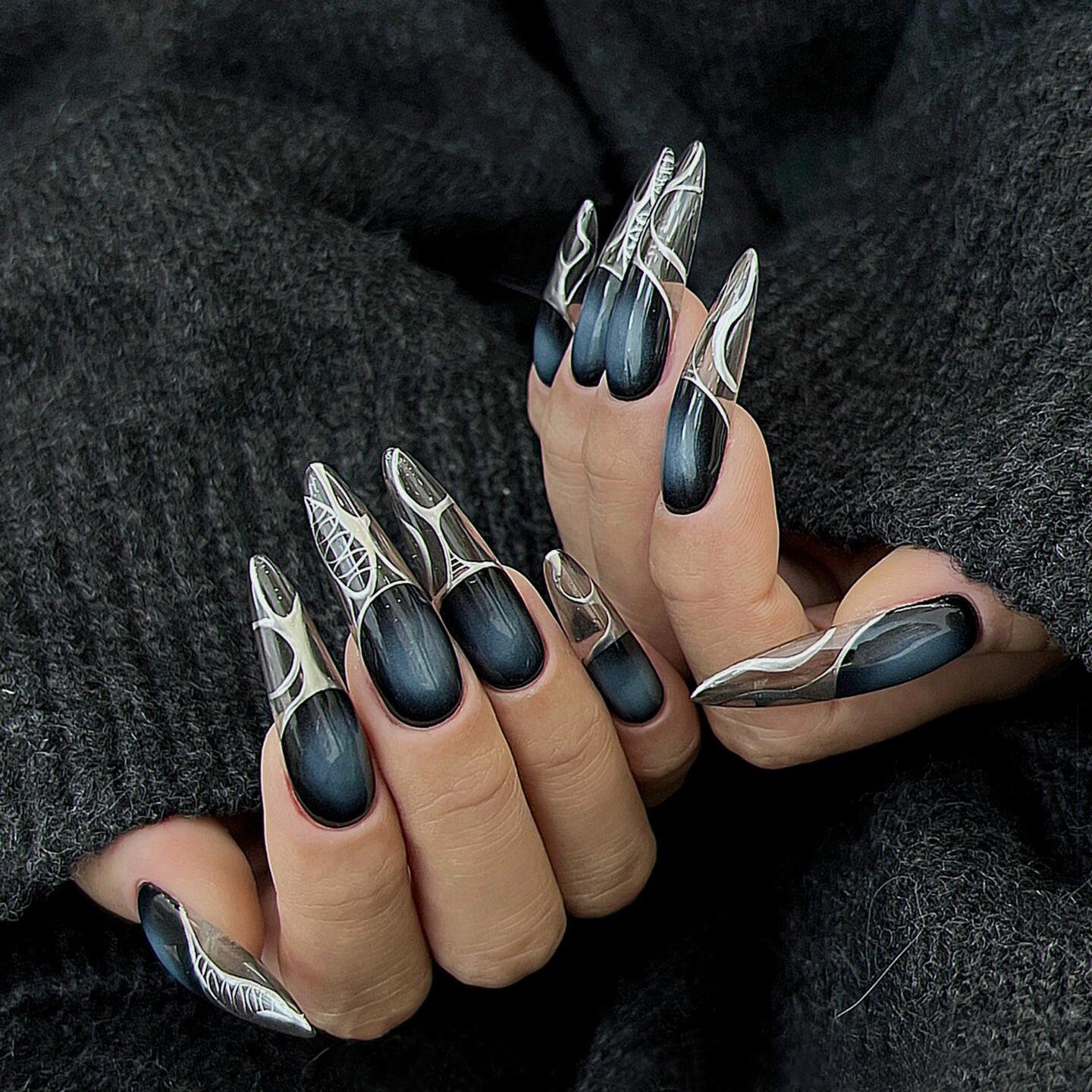 Siva Nail, Midnight Silver, Futuristic Style Handmade Press on Nails