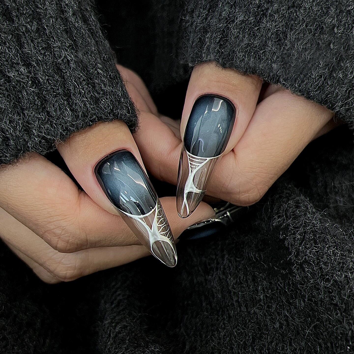 Siva Nail, Midnight Silver, Futuristic Style Acrylic Press on Nails