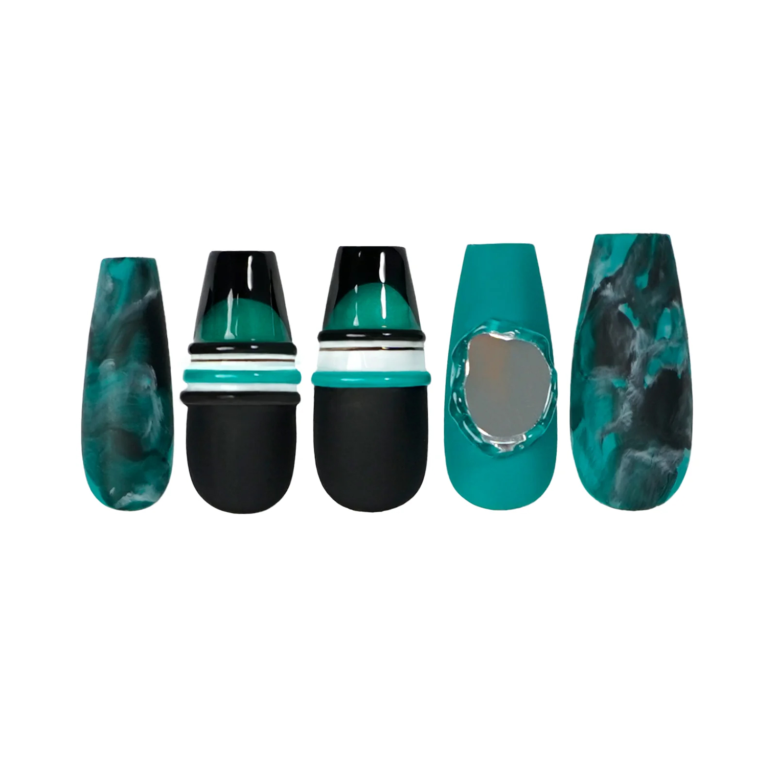 Siva Nail, Tidal Whispers, Luxurious Marbled Emerald Green Handmade Press on Nails
