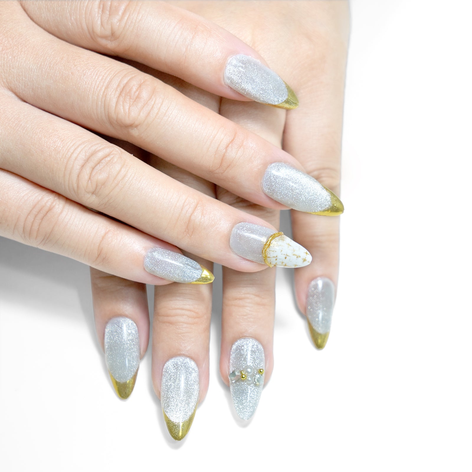 Siva Nail, Creamy Chateau, Elegant French Pearl Accent, Handmade Press on Nails