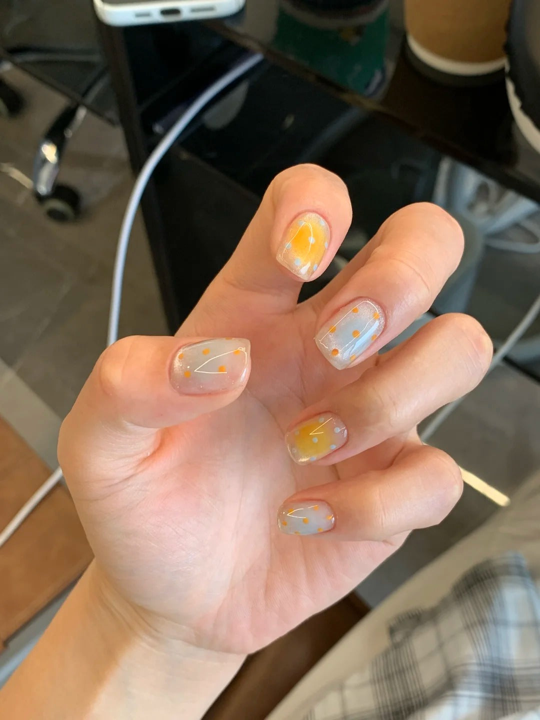 Siva Nail, Pastel Cloud, Orange Dotted Handmade Press on Nails