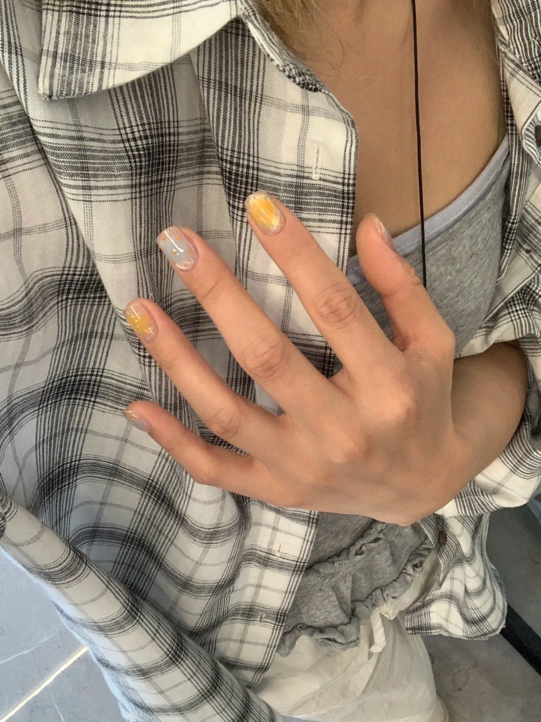 Siva Nail, Pastel Cloud, Orange Dotted Handmade Press on Nails