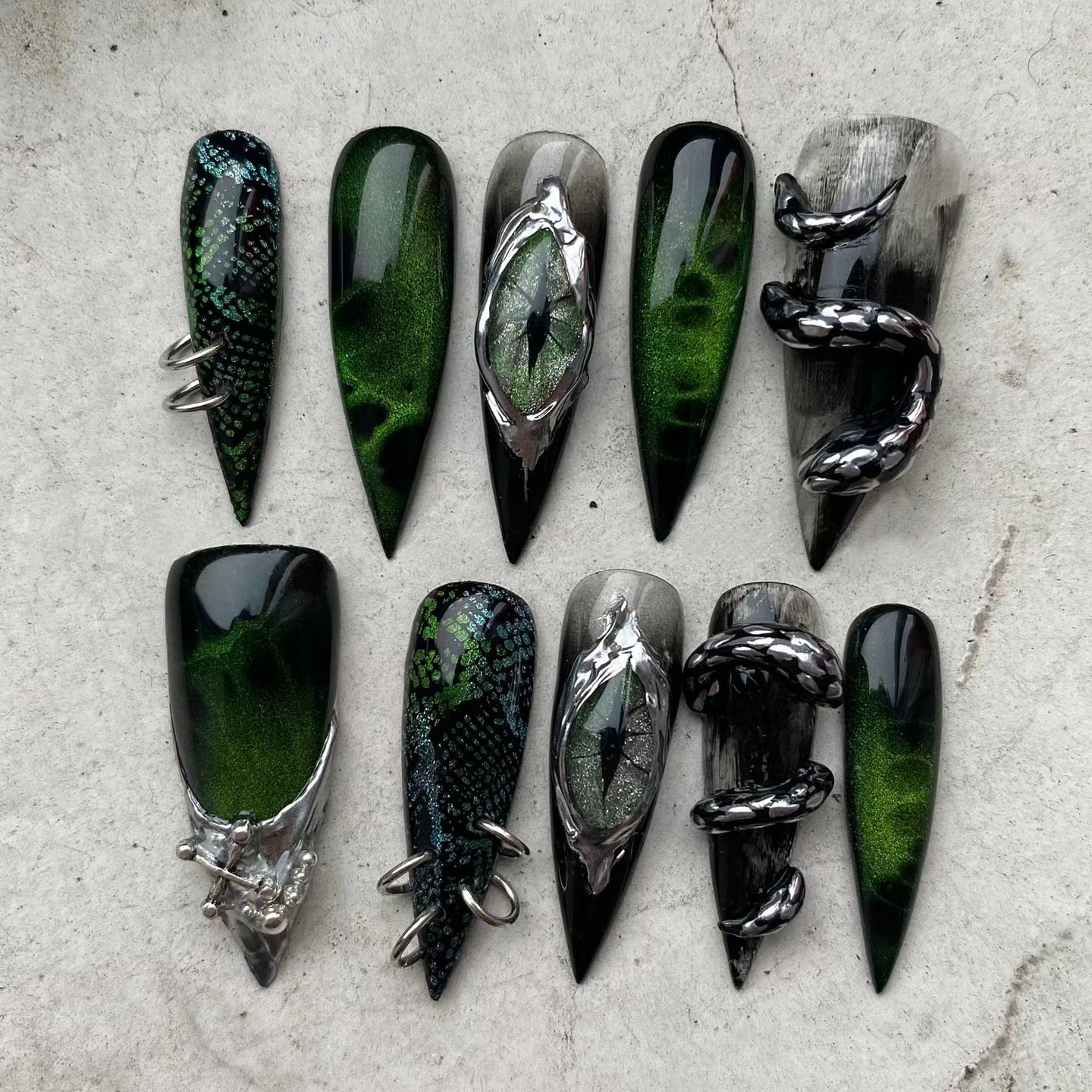 Siva Nail, Mythic Metal, Stiletto Handmade Press on Nails