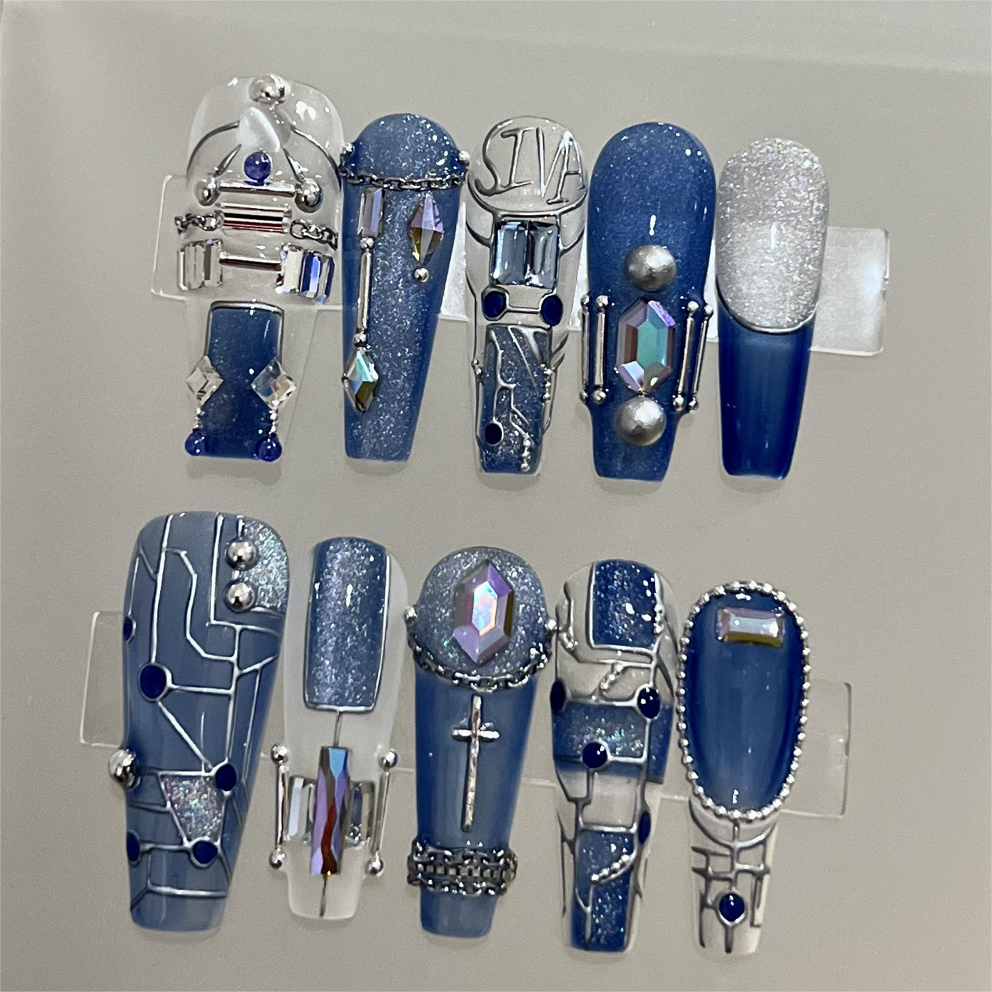 Siva Nail, Sapphire Circuit, Futuristic Style Handmade Press on Nails