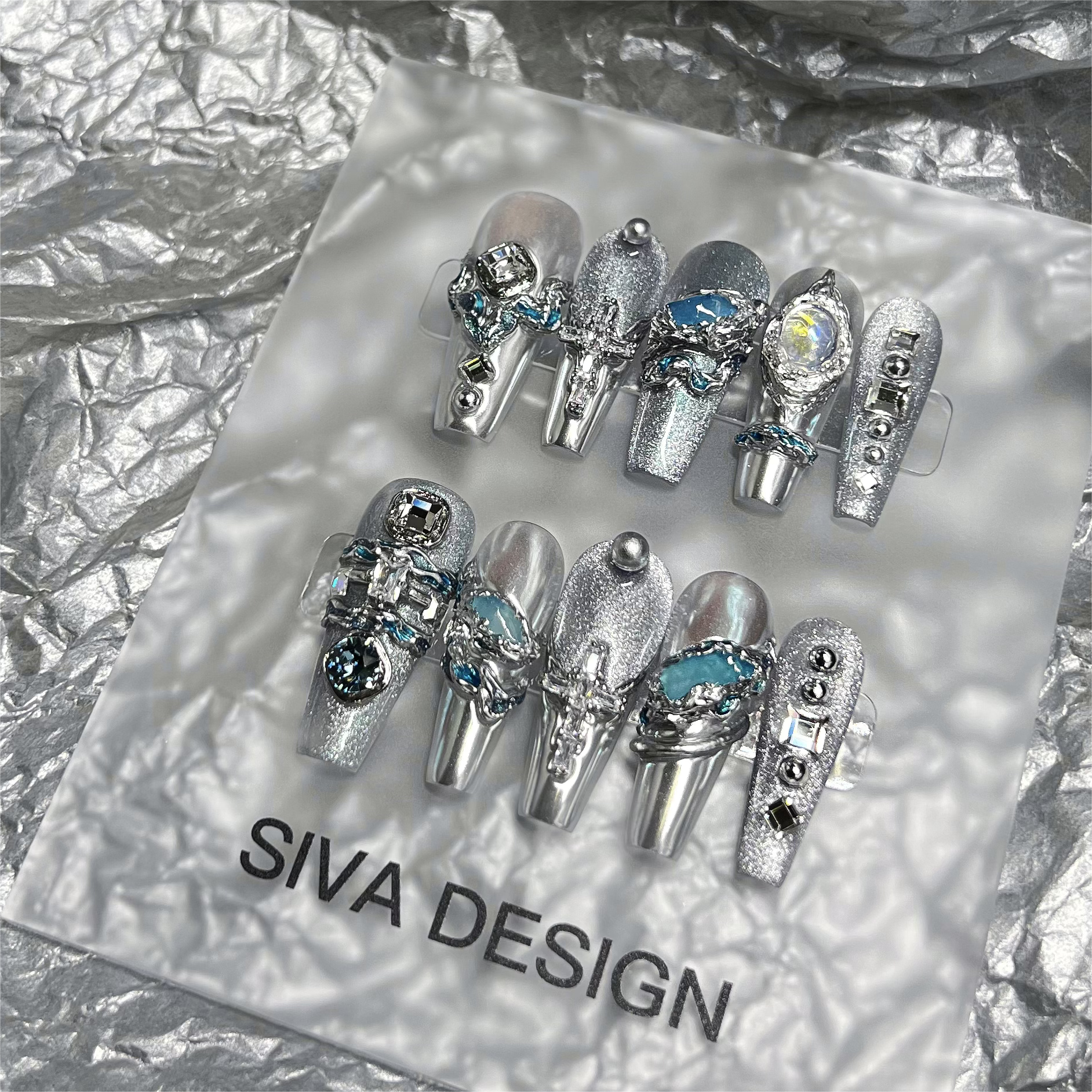 Siva Nail, Blue Shine, Metallic Press on Nails