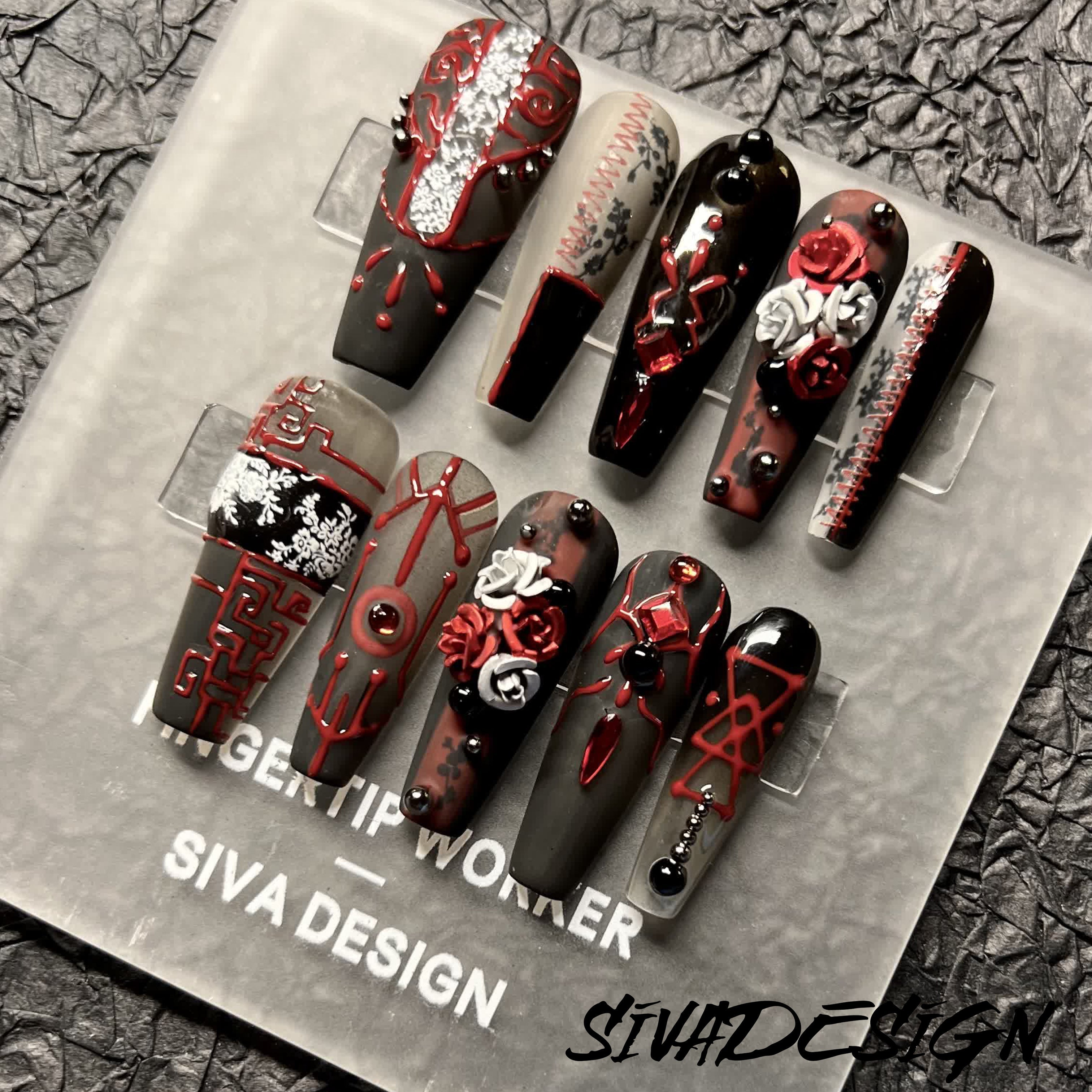 Siva Nail, Fiery Symbols, Gothic Handmade Press on Nails