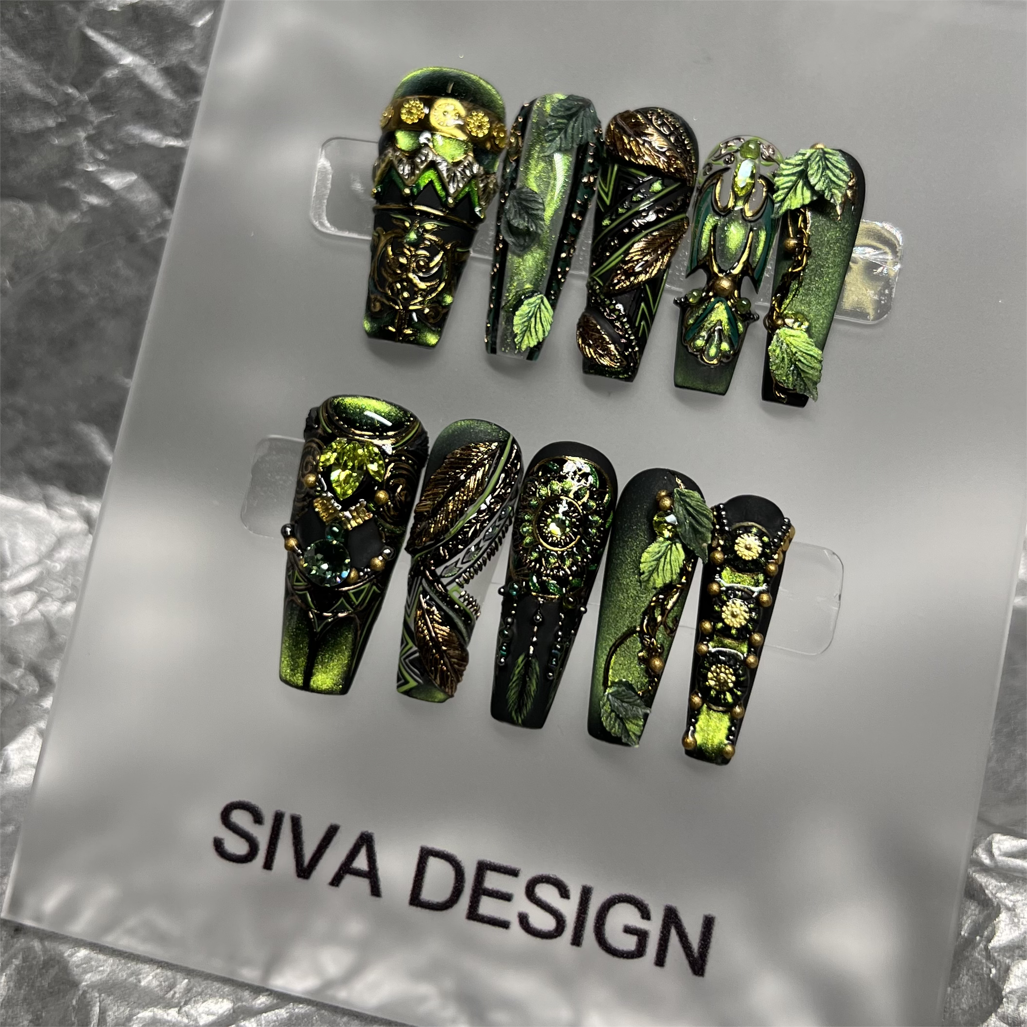 Forest Green Nails with Gold Accents