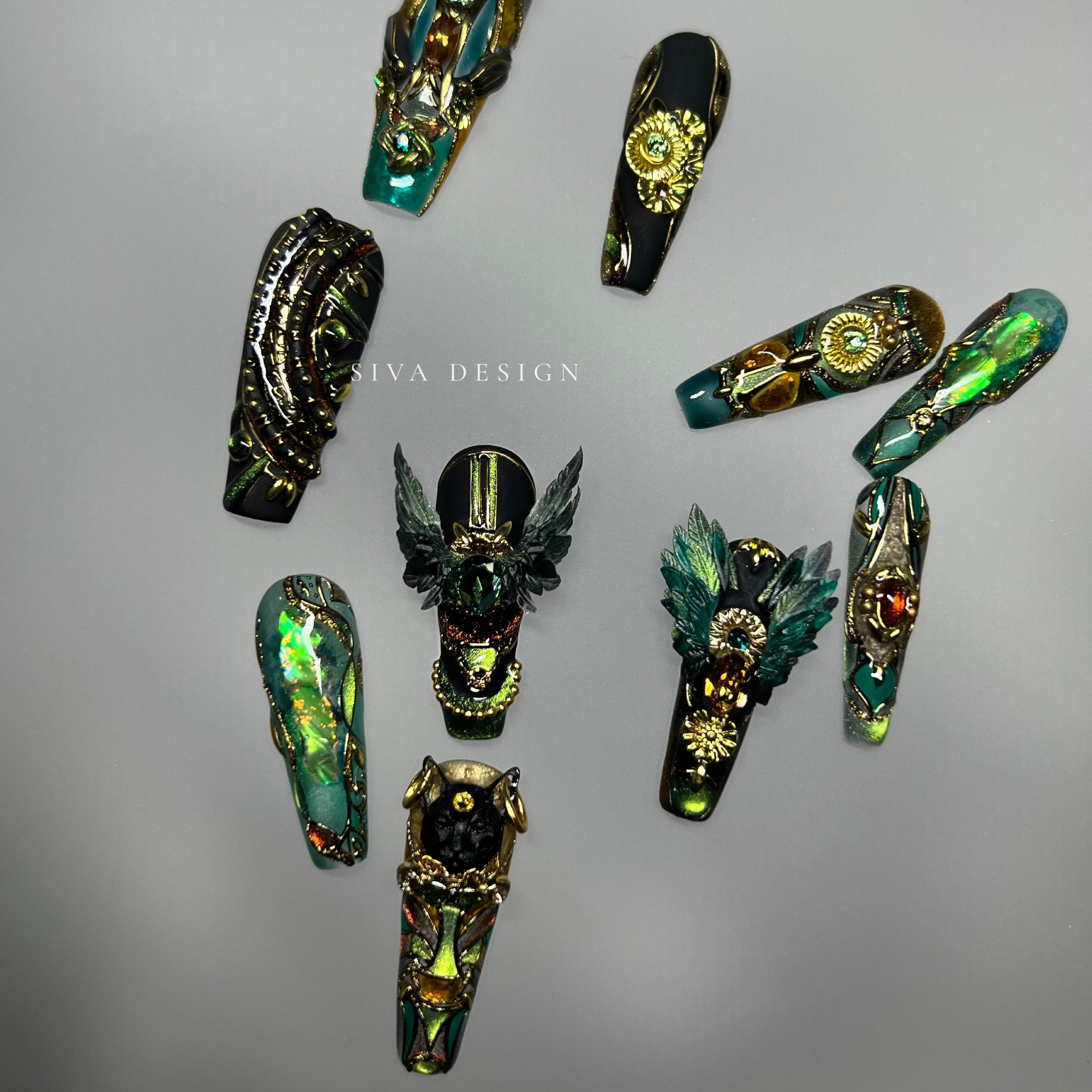 Siva Nail, Black Panther, Tribal Civilization Green Press on Nails