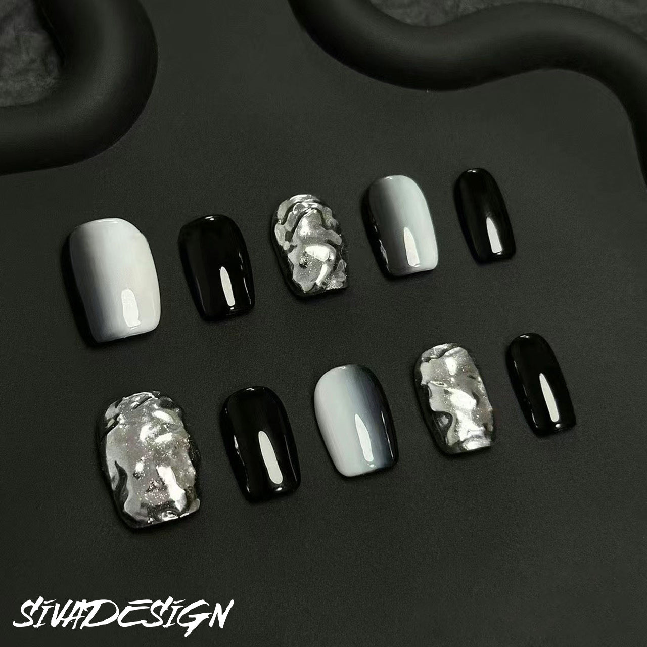 Siva Nail, Mercury Flow, Metallic Monochrome Acrylic Press on Nails