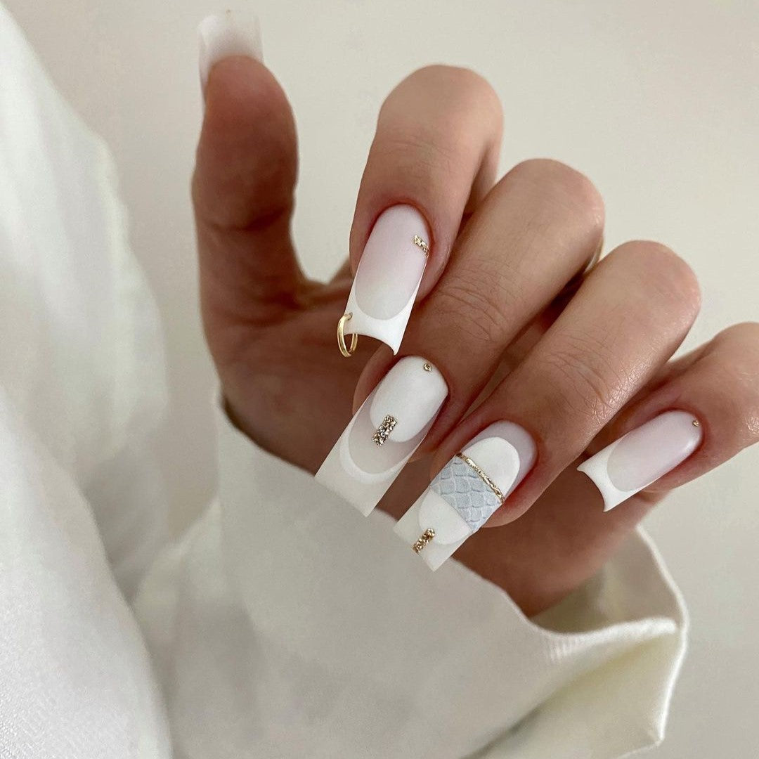 Siva Nail, Purity, Elegant White French Tip, Acrylic Handmade Press on Nails