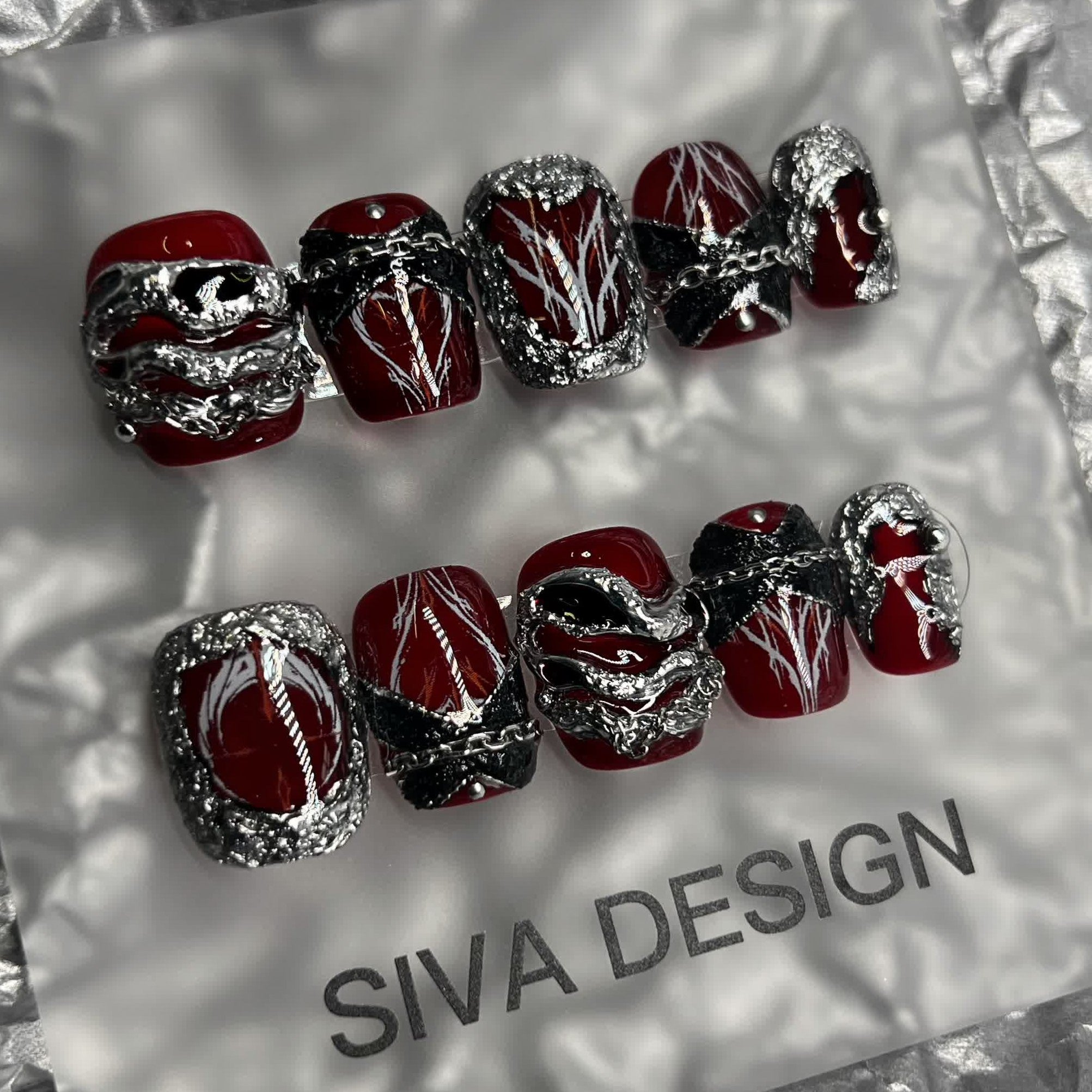 Siva Nail, Ruby Revelry, Regal Chains, Handmade Press on Nails