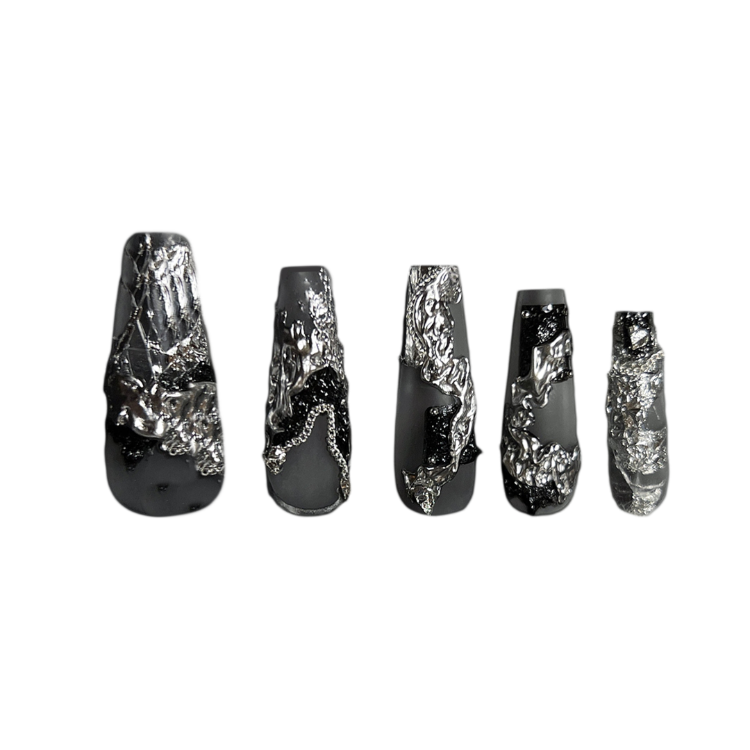 Siva Nail, Alchemy, Silver Covered Minimalism Press on Nails