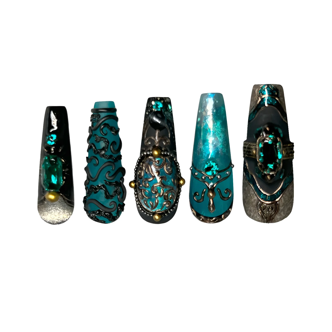 Siva Nail, Baroque Night, Black and Green Press on Stiletto Nails