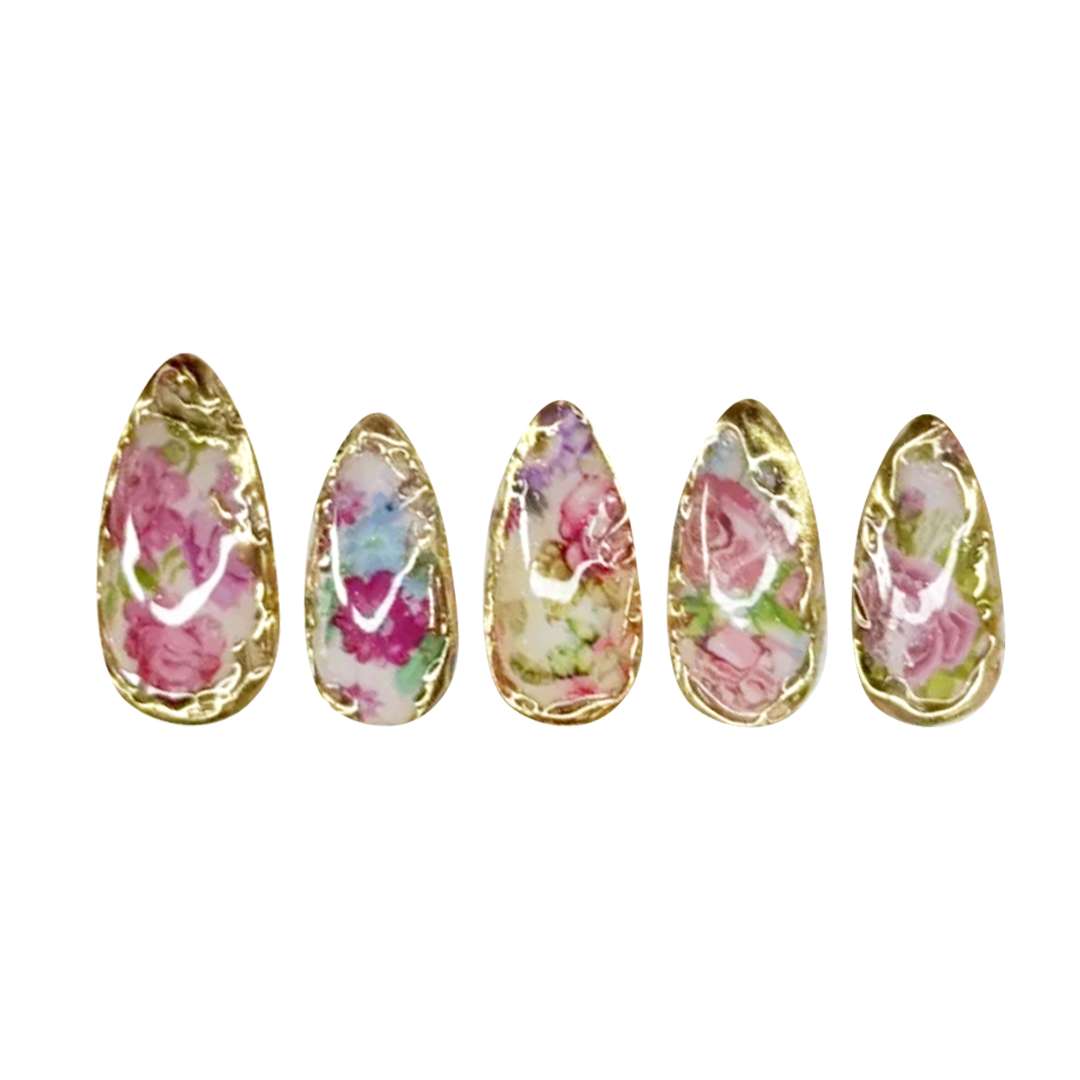 Siva Nail,Baroque Rose Gold-Frame – Handmade Floral Almond Handmade Press on Nails