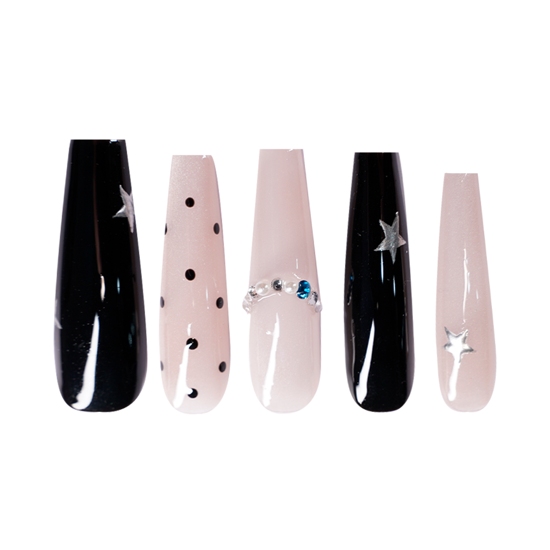Siva Nail, Schwarz – Pink Kontraststern &amp; Kette, handgefertigte Press-on-Nägel