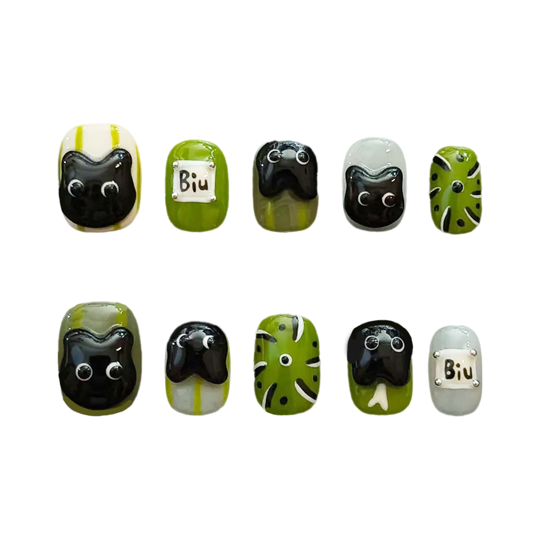 Siva Nail, Blackie, Cartoon Style Green Press on Nails
