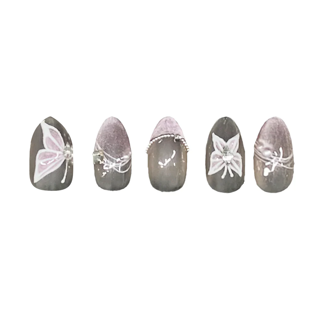 Siva Nail, Blush Petal Almond Nails – Pink Pearl Butterfly Handmade Press on Nails
