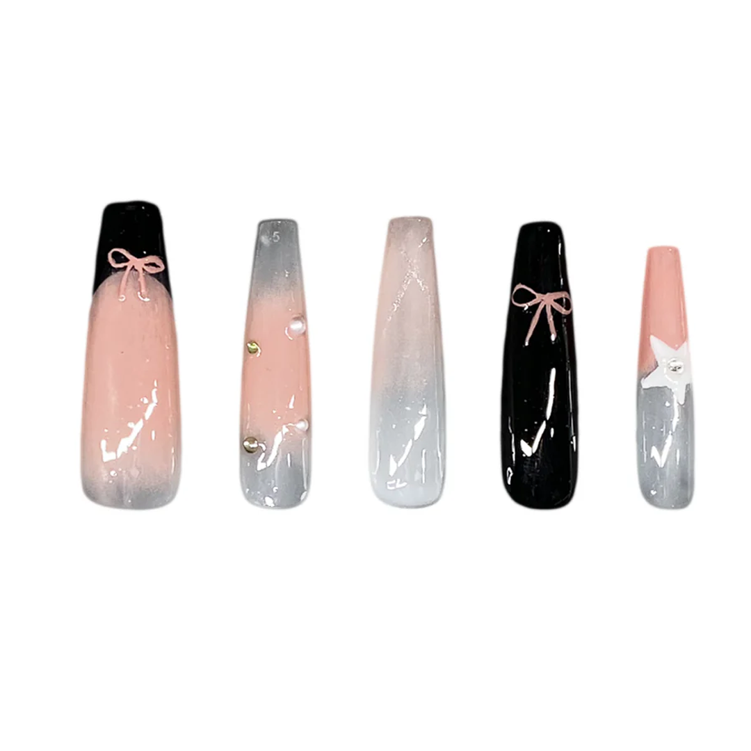 Siva Nail, Blush & Black with Dainty Accents Handmade Press - on Nails