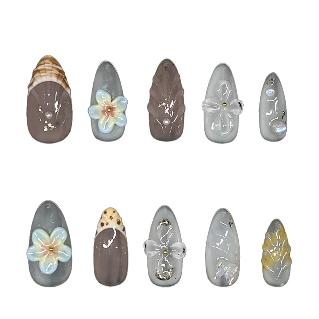 Siva Nail, Butterfly Shores – 3D Butterfly & Seashell Floral Handmade Press on Nails