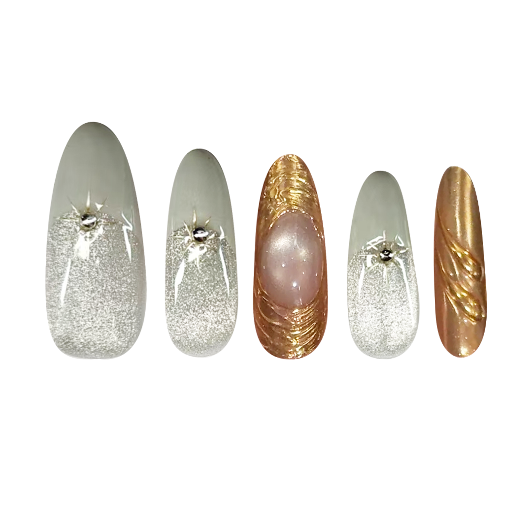 Siva Nail, Celestial Gleam, Gold & Pearl White Handmade Press on Nails