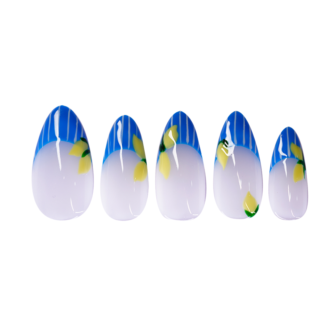Siva Nail, Citrus Bloom, Blue Stripe Handmade Press on Nails