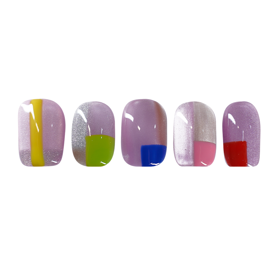 Siva Nail, Color Pop Chrome Patchwork – Retro Block Design  Handmade Press on Nails