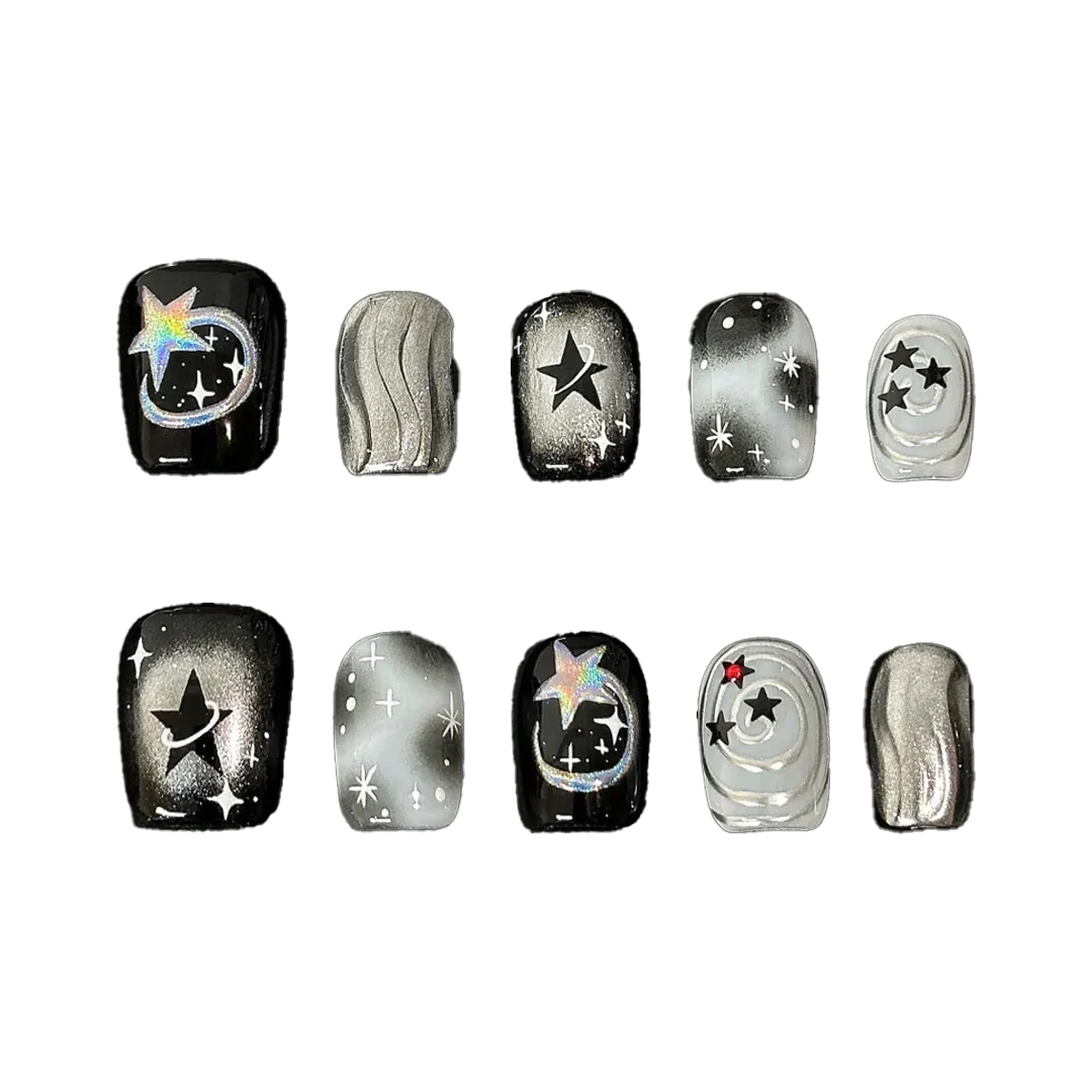Siva Nail, Cosmic Bloom, Holographic Starry Night Handmade Press on Nails