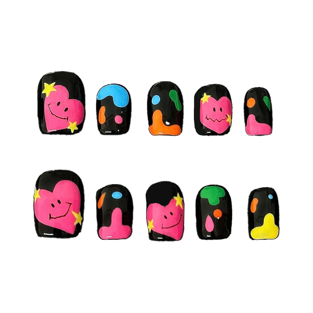 Siva Nail, Cosmic Hearts, Schwarzer Glanz Funky Drip Handgemachte Nagelpresse