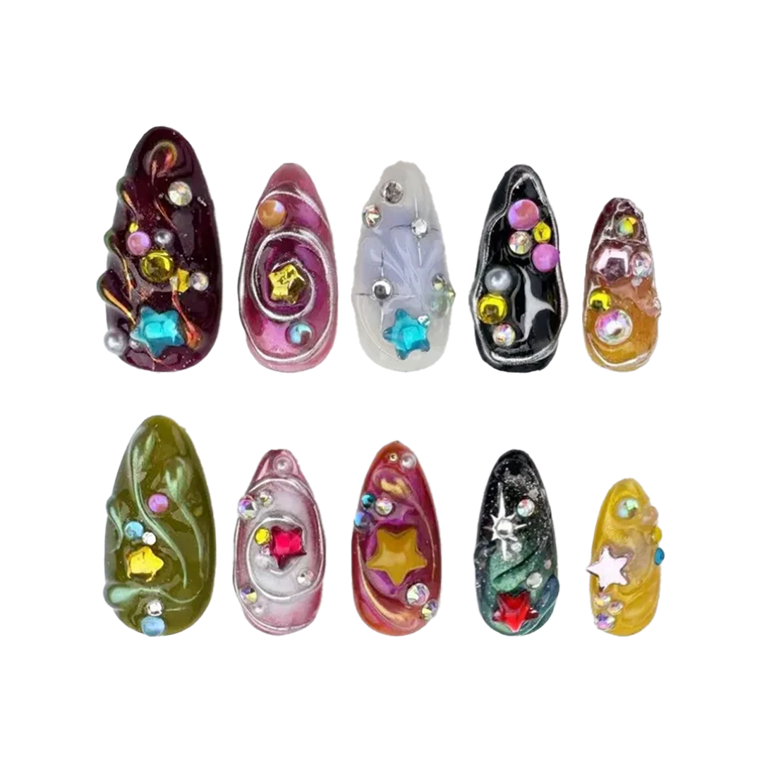 Siva Nail,Cosmic Swirl Star Mix - 3D Galaxy-Inspired Art Handmade Press on Nails