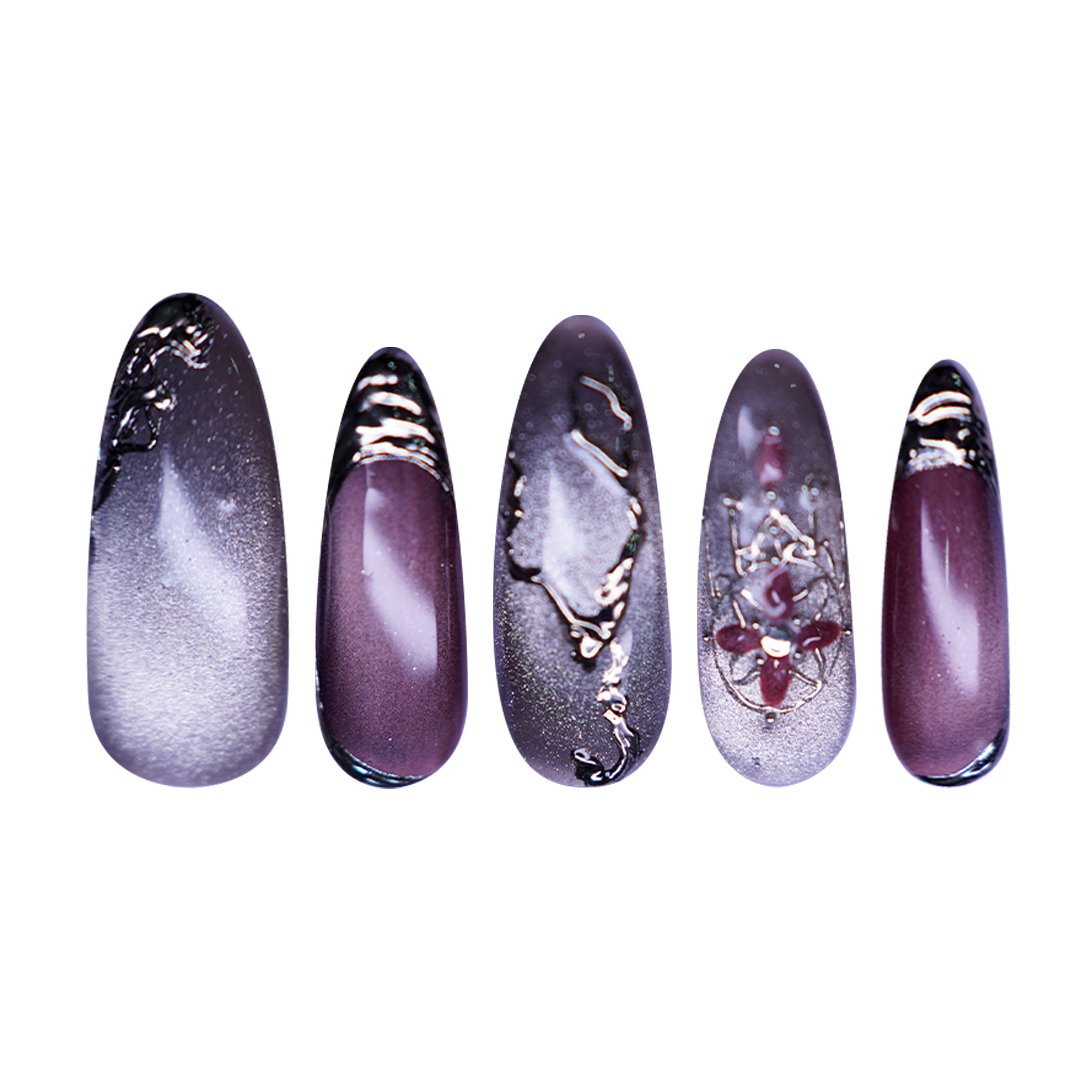 Siva Nail, Ember Stone, Red Chrome & Grey Handmade Press on Nails