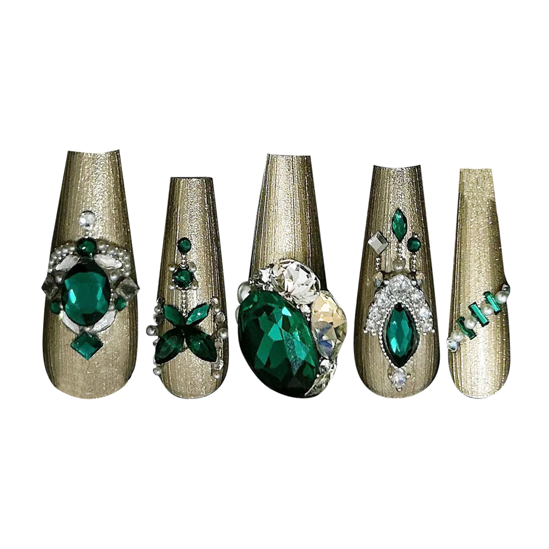 Siva Nail, Emerald Elegance, Jewel Style Handmade Press on Nails