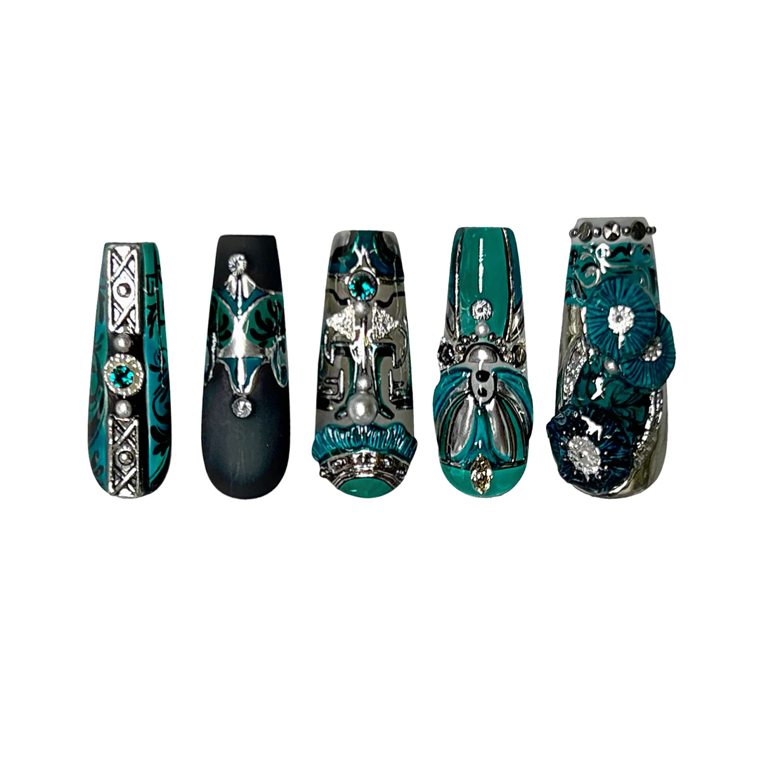 Siva Nail, Emerald Enchantment, Gothic Handmade Press on Nails