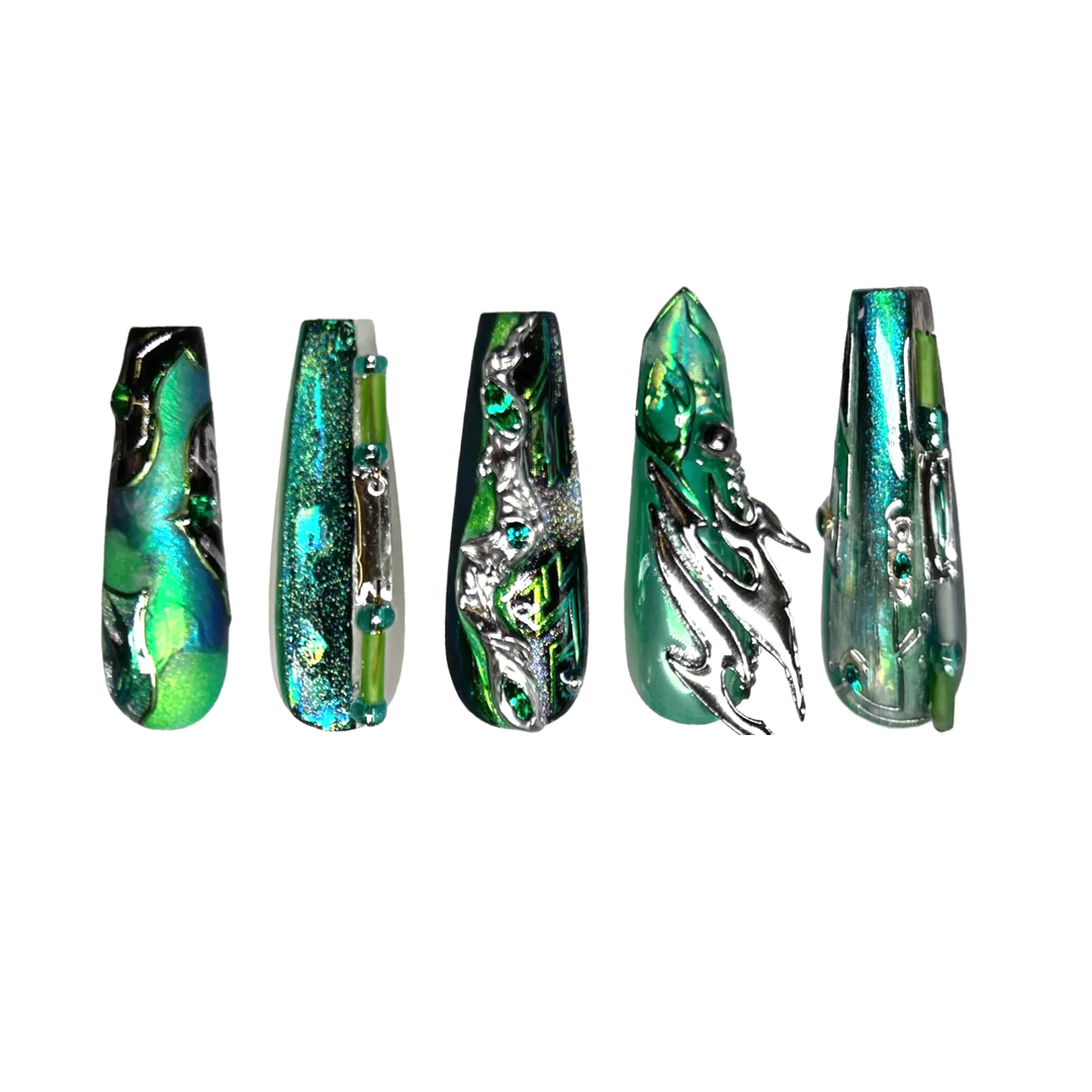 Siva Nail, Emerald Flame, Futuristic Luxe Handmade Press on Nails