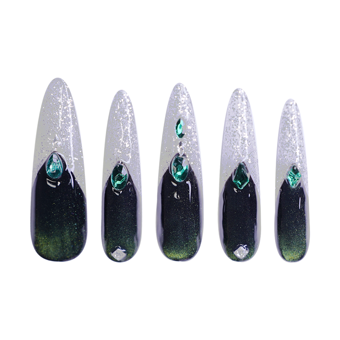 Siva Nail, Emerald Ombre Glitter - tipped Handmade Press on Nails