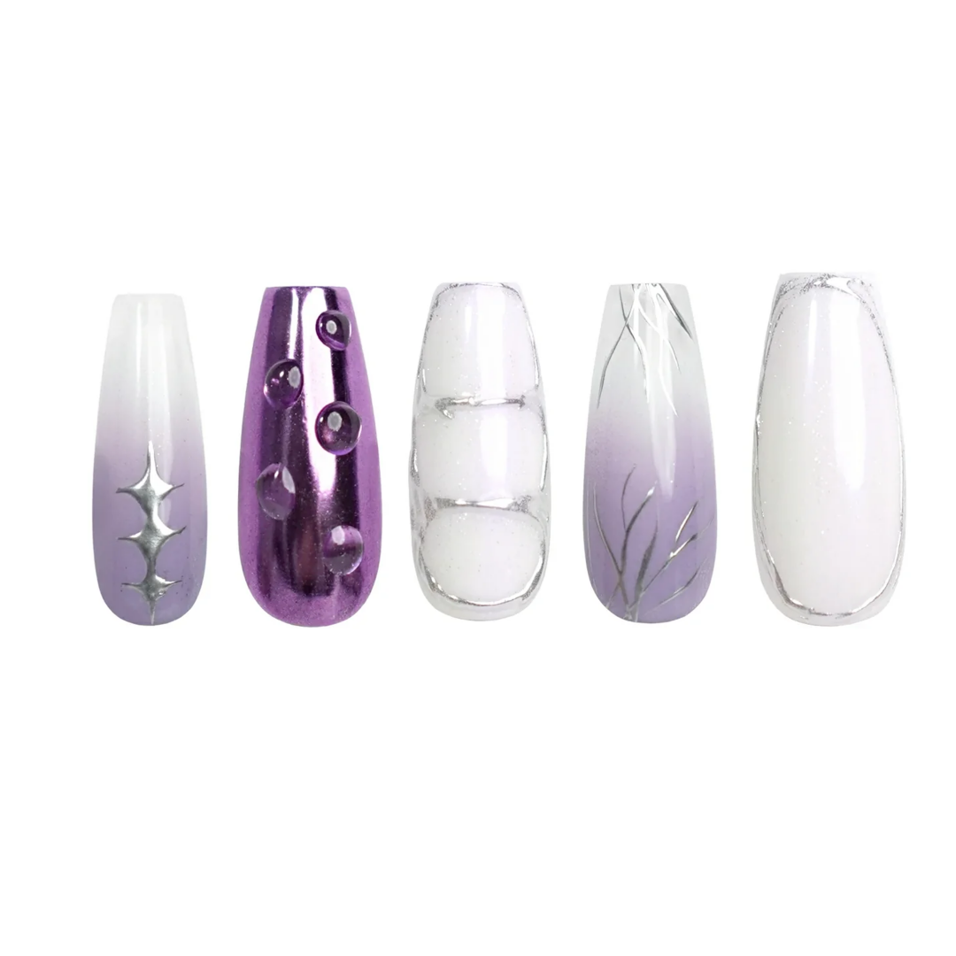 Siva Nail, Fractal, Silver-Cracked White & 3D Purple Press on Nails
