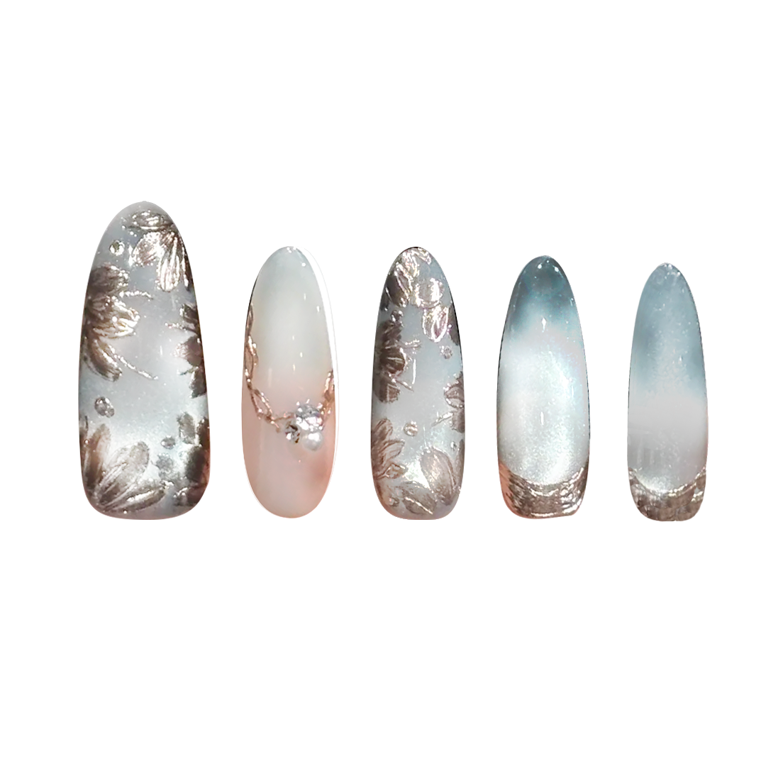 Siva Nail, Frost Bloom, Blue Ombre Floral Handmade Press on Nails