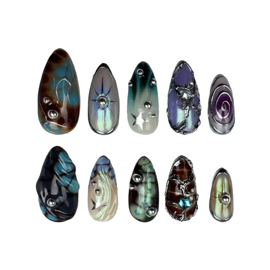 Siva Nail,Galactic Chrome Abstract Press-On Nails – Cosmic Edge Handmade Press on Nails