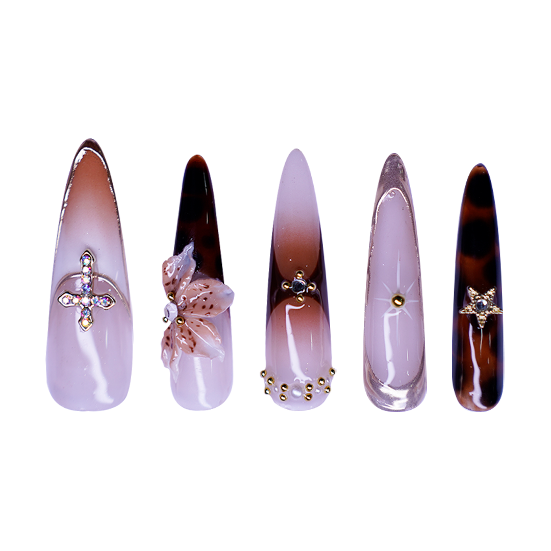 Siva Nail, Golden Bloom – 3D Floral & Tortoise Shell Handmade Press On Nails