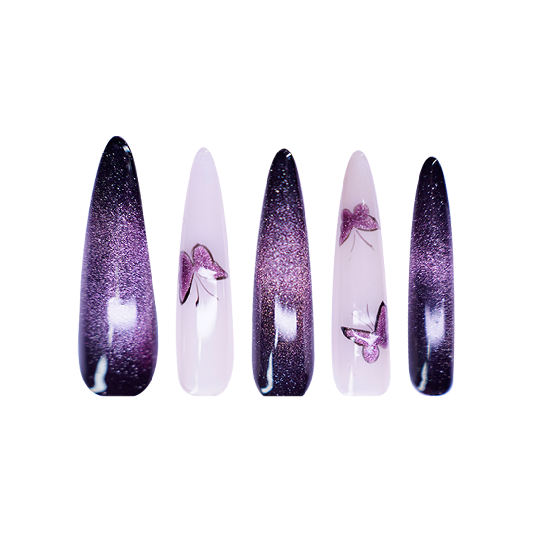Siva Nail,Gothic Glam Cat-Eye – Midnight Butterfly Design Handmade Press on Nails