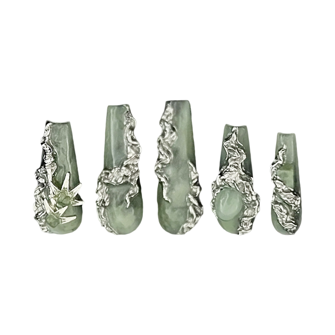 Siva Nail, Green Mystique, Metallic Accents, Handmade Press on Nails