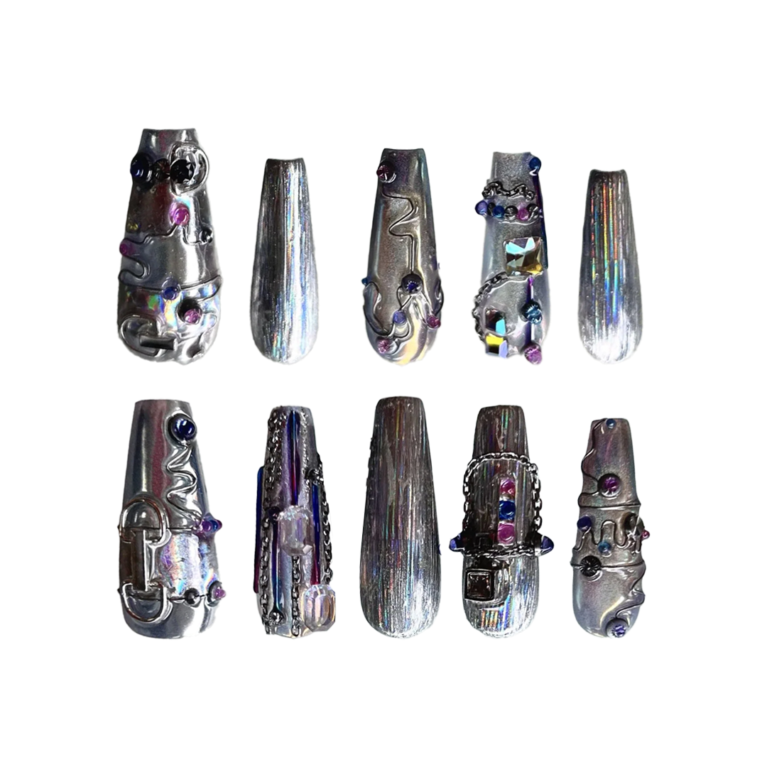 Siva Nail, Holo Chrome Pulse, Avant-Garde Style Handmade Press on Nails