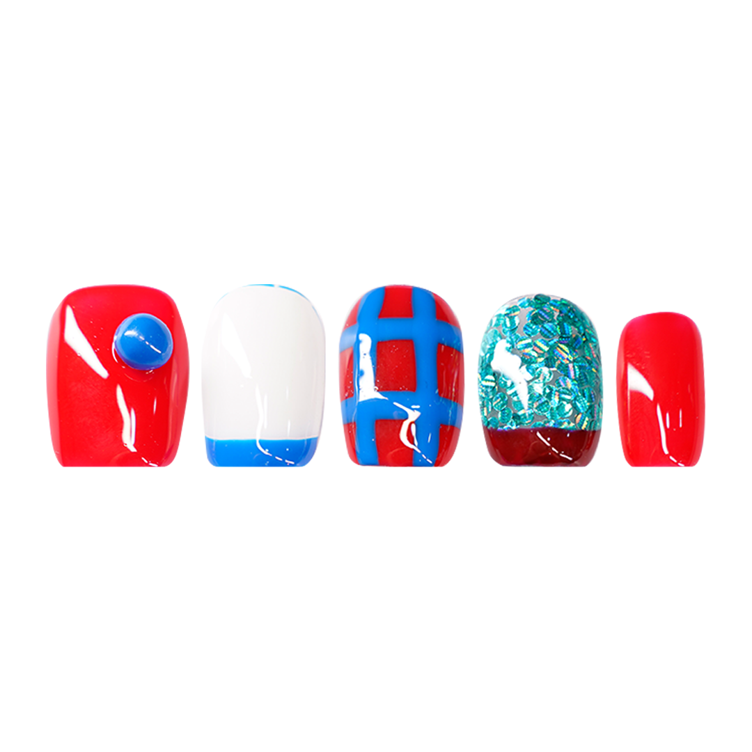 Siva Nail, Liberty Grid, Red Blue Handmade Press on Nails