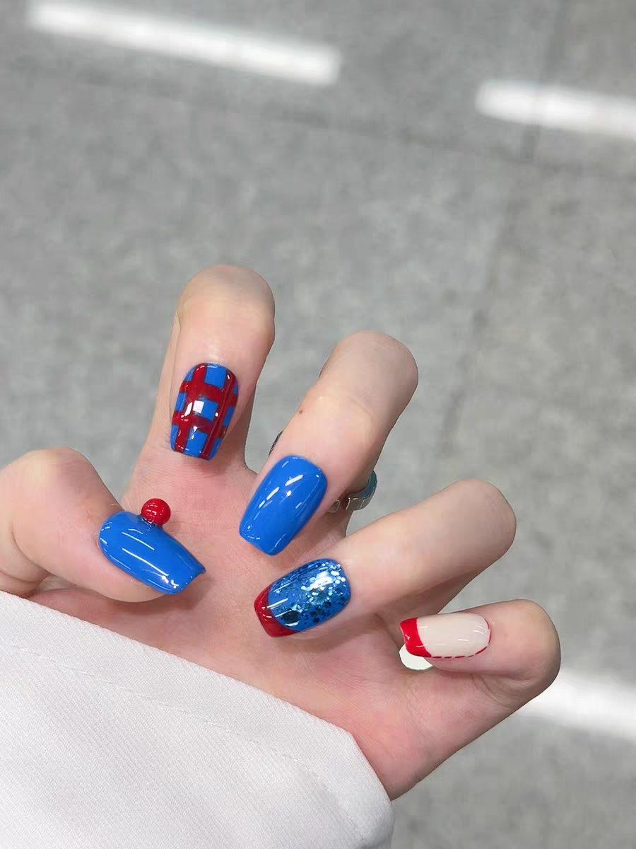 Siva Nail, Liberty Grid, Red Blue Handmade Press on Nails
