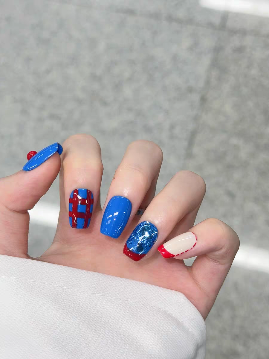 Siva Nail, Liberty Grid, Red Blue Handmade Press on Nails