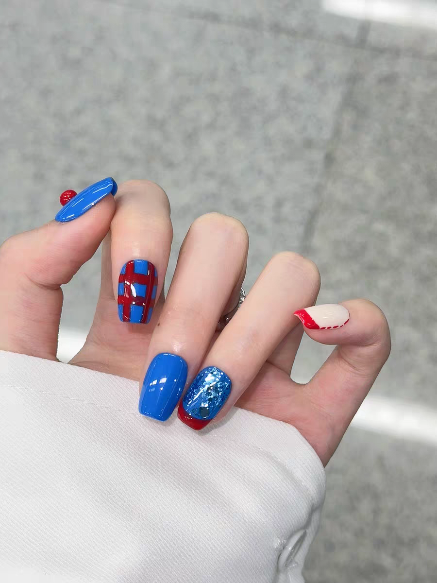 Siva Nail, Liberty Grid, Red Blue Handmade Press on Nails