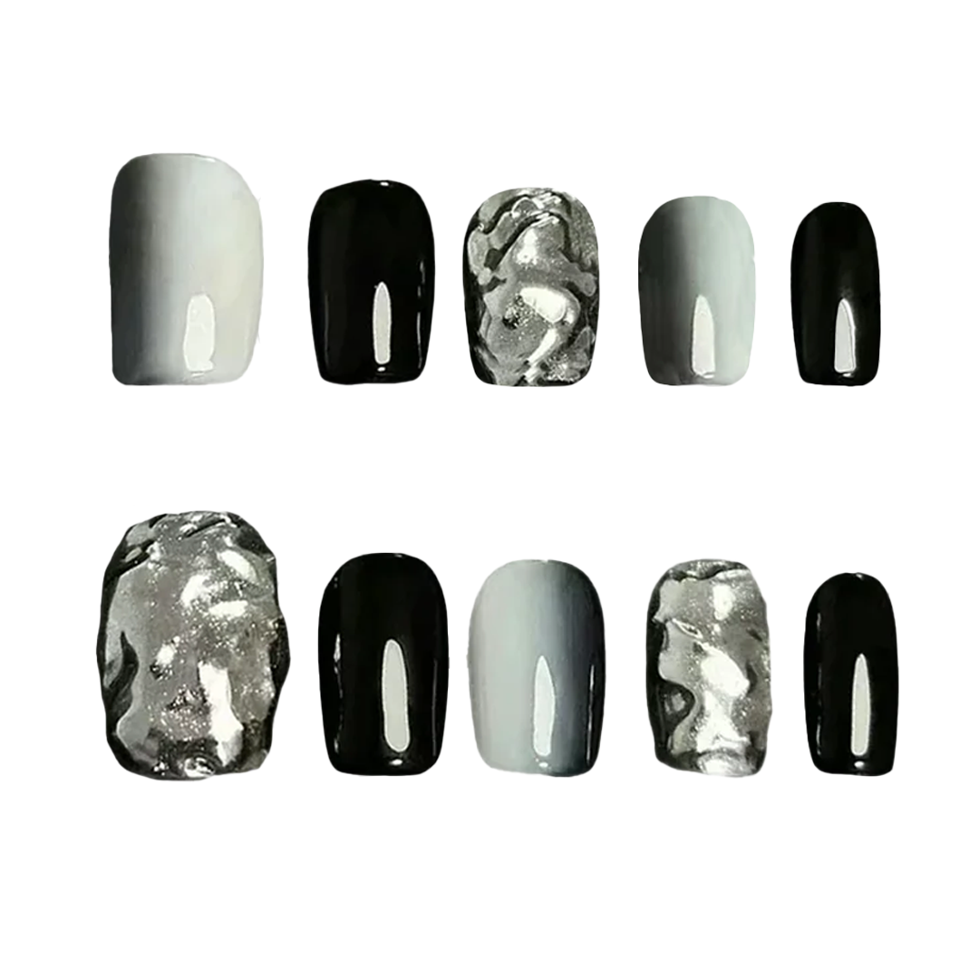 Siva Nail, Mercury Flow, Metallic Monochrome Handmade Press on Nails