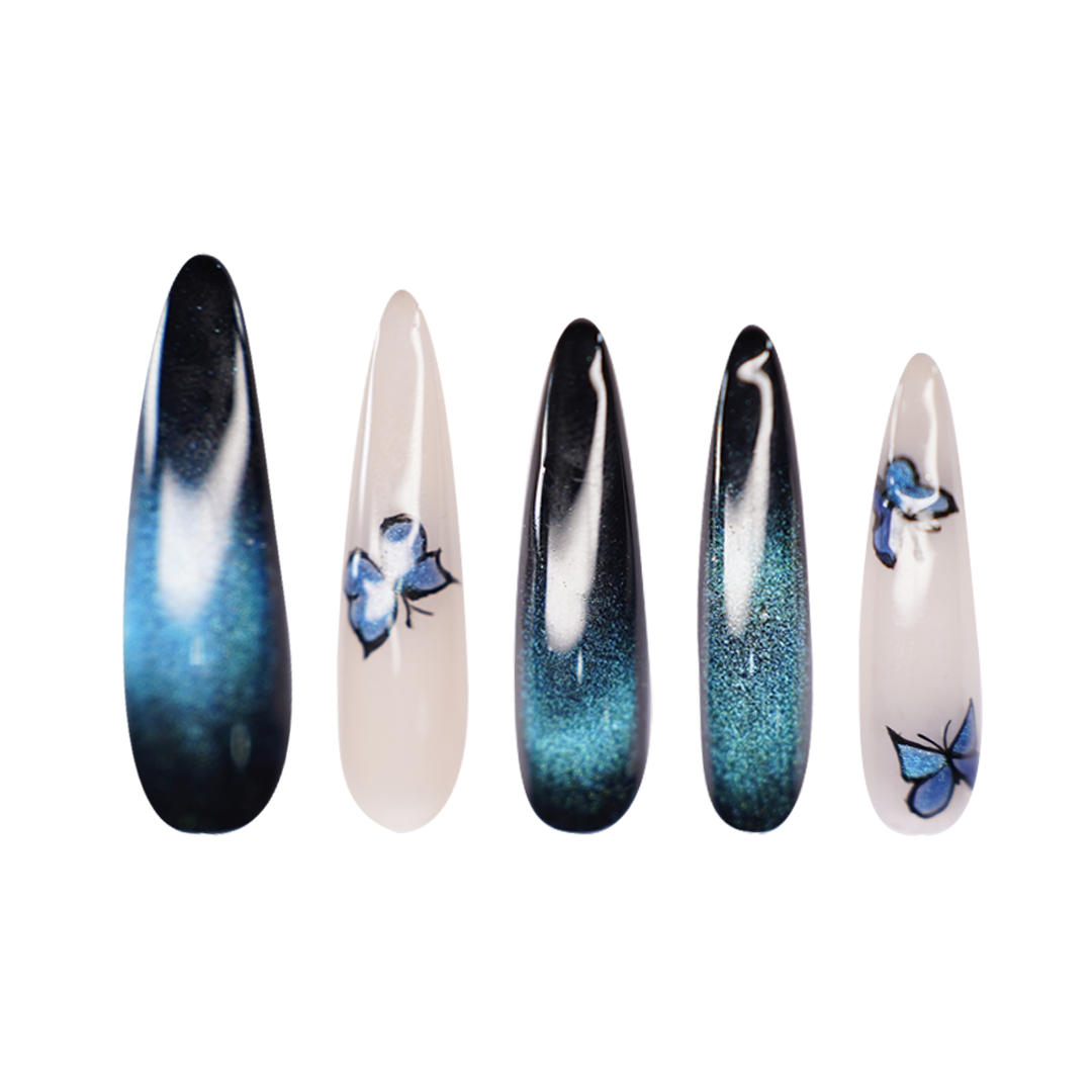Siva Nail,Midnight Blue Ombre Butterfly Handmade Press on Nails